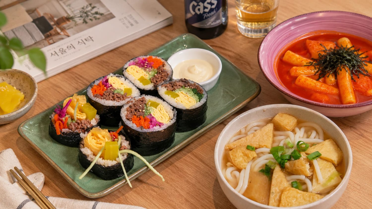Bandeja de kimbap variado con tteokbokki y un cuenco de udon con tofu frito, sobre una mesa de madera